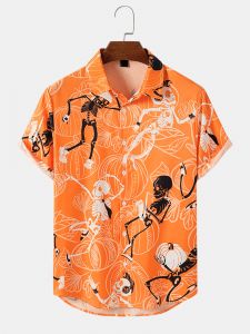 Mens Halloween Funny Skeleton Print Short Sleeve All Matched Shirts