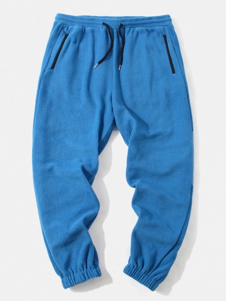 Mens Fleece Solid Color Drawstring Thick Plush Jogger Pants