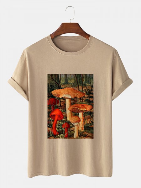 Mens Mushroom Graphic Box Print 100% Cotton O-Neck Short Sleeve T-Shirt