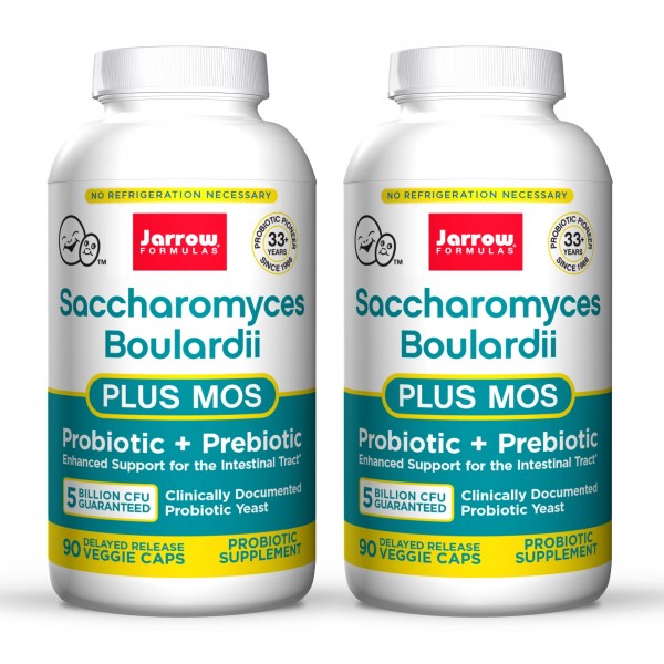 Jarrow Formulas Saccharomyces Boulardii + MOS - 5 Billion Viable Organisms Per Serving - 90 Delayed Release Veggie Caps, 2 Pack - Probiotic + Prebi...