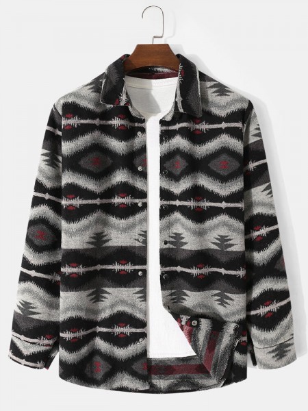 Men Retro Woolen Geometric Button Pattern Winter Warm Jackets