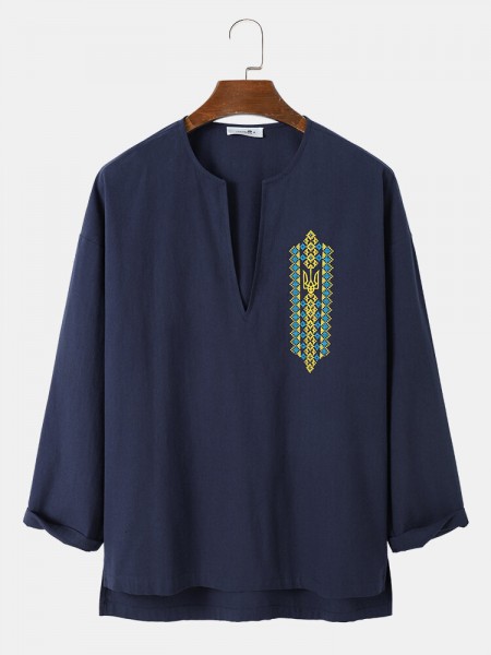 Mens Ethnic Embroidered Dark V Designed Long Sleeve T-Shirts