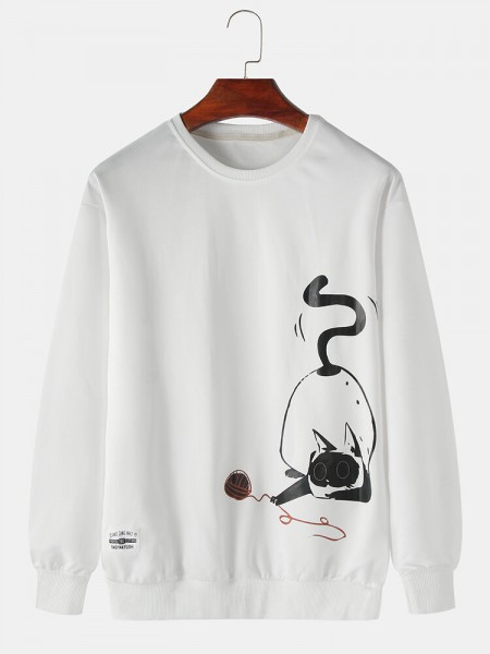 Mens Cartoon Cat Print Long Sleeve Pullover Drop Shoulder Sweatshirts