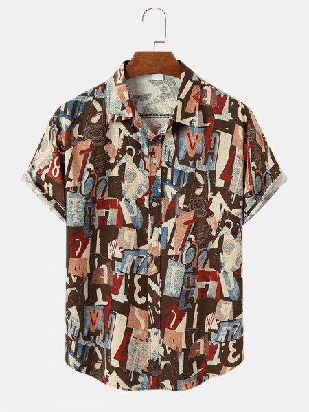 Mens All Over Number Geometric Print Button Up Short Sleeve Shirts