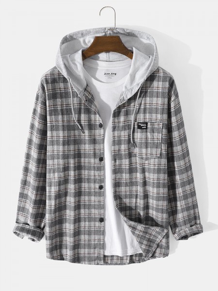 Mens Cotton Plaid Patchwork Casual Button Hooded Shirt