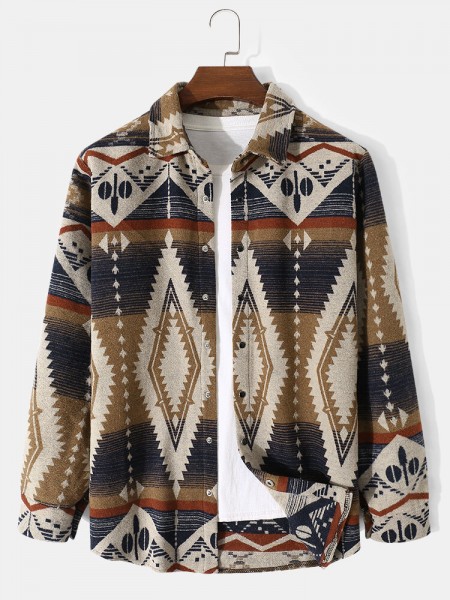 Men Woolen Geometric Retro Ethnic Button Winter Casual Coats Jackets