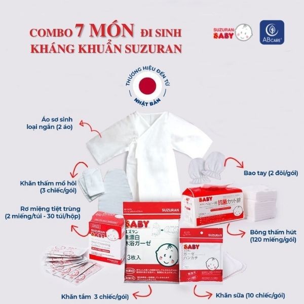 Combo đi sinh 7 món Cotton kháng khuẩn cho bé - Suzuran Japan