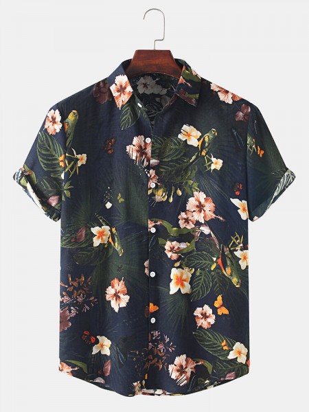 Mens Holiday Casual Floral Print Lapel Button Short Sleeve Shirt