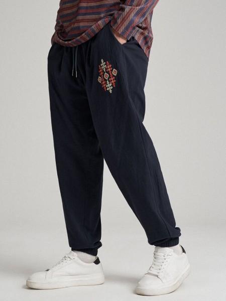 Mens Ethnic Ornament Embroidered Pocket Ankle Length Pants