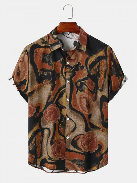Mens Flower Abstract Retro Print Buttons Up Short Sleeve Shirts