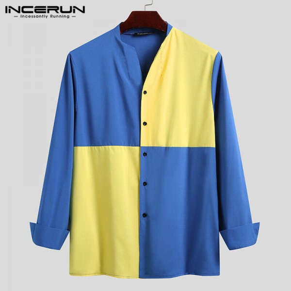 Mens V-Neck Patchwork Long Sleeve Button Up Shirts