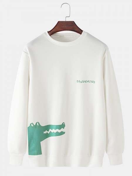 Mens Cartoon Crocodile Print Pullover Long Sleeve Casual Sweatshirts