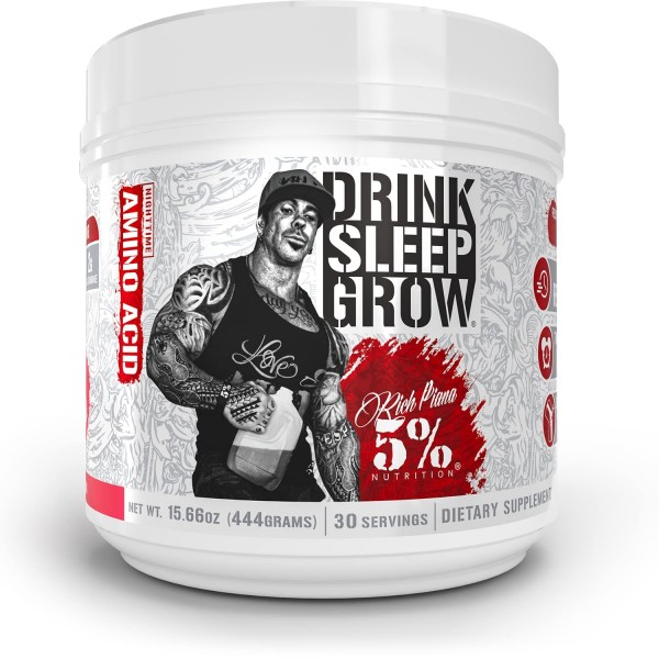 Rich Piana 5% Nutrition Drink Sleep Grow | Nighttime Muscle Builder, BCAA Post Workout Recovery Drink | Aminos, EAAs, Glutamine, GABA, Mucuna Pruri...