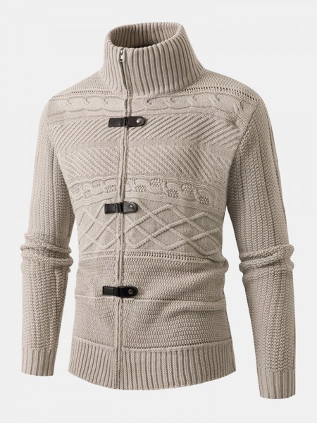 Men Cable Knitted Textured Buckle High Neck Solid Front Zipper Outdoor Sweaters