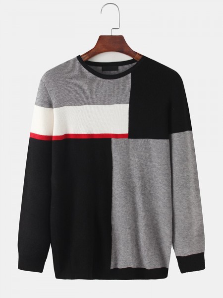 Mens Color Block Patchwork Knit Round Neck Casual Long Sleeve Pullover Sweaters