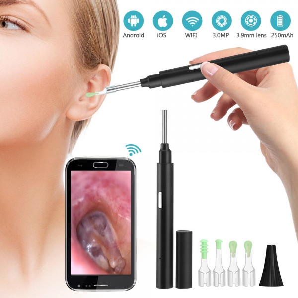 AUSHEN 3.9MM HD Wireless WIFI Visual Ear Otoscope LED Light Waterproof Earwax Removal Endoscope Luminous Ear Spoon