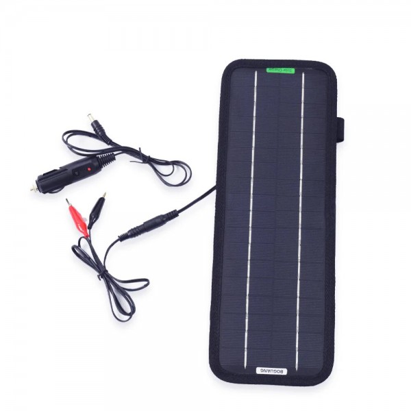 5W 18V DC Output Monocrystalline Solar Panel Charger with Car Lighter Plug + Battery Charging Clip Cable