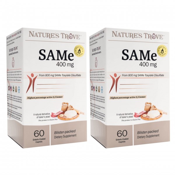 SAM-e 400mg 120 Enteric Coated Caplets (2 Boxes of 60) - Vegan, Kosher, Non-GMO, Soy Free, Gluten Free - Mood and Joint Comfort - Cold Form Blister...