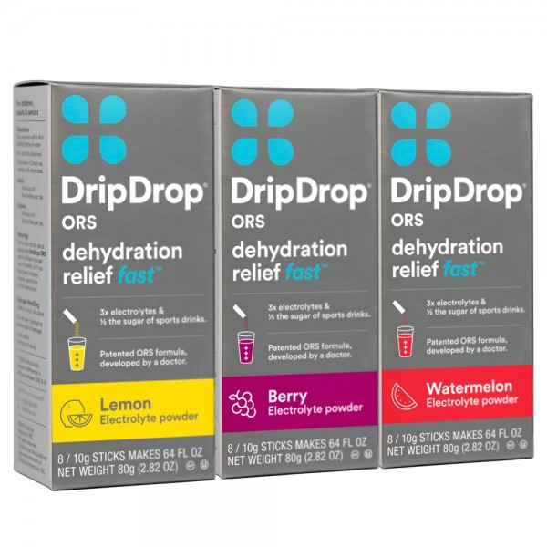 DripDrop ORS Electrolyte Hydration Powder Sticks, Lemon/Berry/Watermelon Variety Pack, 10g Sticks, 8 Count (Pack of 3)