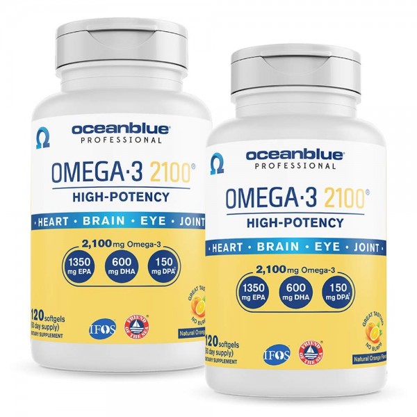 Oceanblue Omega-3 2100 – 120 ct – 2 Pack – Triple Strength Burpless Fish Oil Supplement with High- Potency EPA, DHA, DPA – Wild-Caught – Orange Fla...