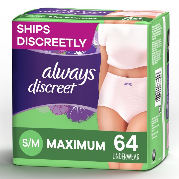 Always Discreet Incontinence & Postpartum Incontinence Underwear for Women, Small/Medium, Maximum Protection, Disposable, 32 count (Pack of 2) (Pac...