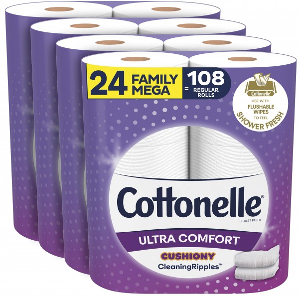 Cottonelle Ultra Comfort Toilet Paper with Cushiony CleaningRipples Texture, 24 Family Mega Rolls (24 Family Mega Rolls = 108 regular rolls) (4 Pac...