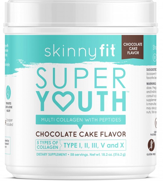 SkinnyFit Super Youth Multi-Collagen Peptide Powder Chocolate Cake Flavor, Hair, Skin, Nail, & Joint Support, 58 Servings