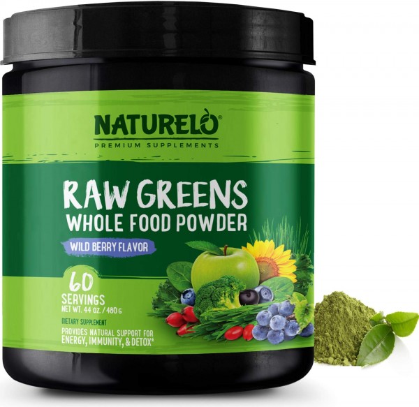 NATURELO Raw Greens Superfood Powder - Wild Berry Flavor - Boost Energy, Detox, Enhance Health - Organic Spirulina - Wheat Grass - Whole Food Nutri...