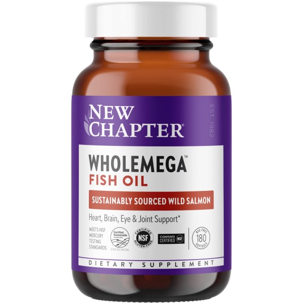 New Chapter Wholemega Fish Oil Supplement Softgels, Wild Alaskan Salmon Oil with Omega-3 + Astaxanthin + Sustainably Caught, 180 Count (Packaging M...