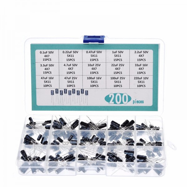 200PCS 15 Values 0.1UF-220UF In-line Electrolytic Capacitor Assortment Kit 10V 16V 25V 50V