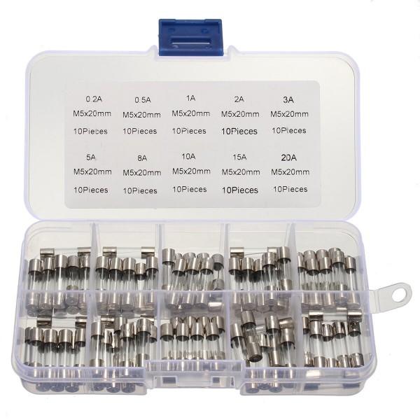 DANIU 100Pcs 5x20mm 0.2A-20A Quick Blow Glass Tube Fuse Assorted Kit Fast-blow Glass Fuses