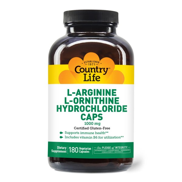 Country Life L-Arginine/L-Ornithine Caps - 1000 mg with Vitamin B6-180 Capsules - May Help Support Immune Health - Aids Utilization - Gluten-Free