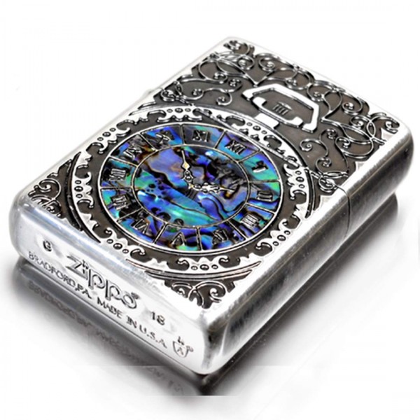 Zippo Armor Case Watch Arabesque Shell Inlay Both Sides Etching Silver Japan Limited