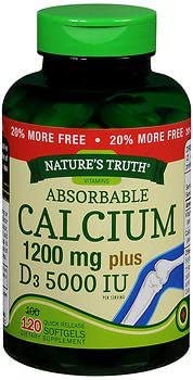 Nature's Truth Absorbable Calcium 1200 mg plus D3 5000 IU per Serving Quick Release Softgels - 120 ct, Pack of 4