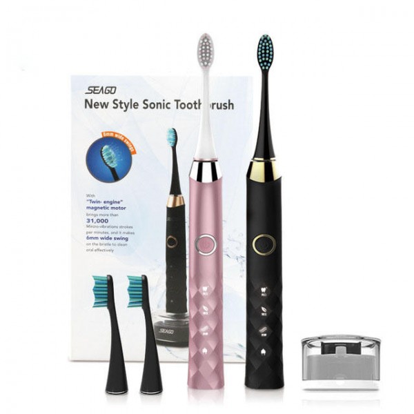 SEAGO S1 Sonic Smart Electric Toothbrush 3 Brush Modes Whitening USB Rechargeable IPX7 Waterproof with 3 Replaceable Bru