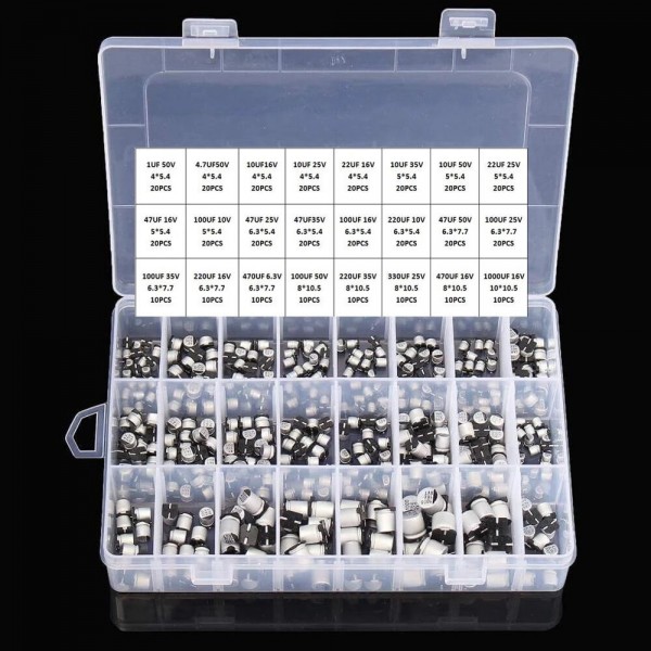 1UF~1000UF 6.3V-50V 400Pcs 24Value SMD Aluminum Electrolytic Capacitors Assortment Kit