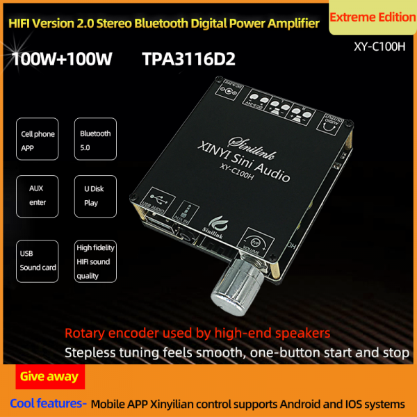 XY-C100H HIFI 2x100W TPA3116D2 AUX+ bluetooth 5.0 HIFI Digital Power Stereo Amplifier Board APP Control AMP Amplificador