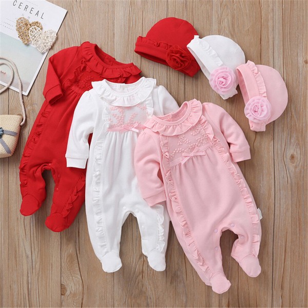 【Forever CY Baby】bộ Quần Áo Bé Gái Trang Phục Cotton Cho Bé Gái Sơ Sinh Bộ Áo Liền Quần Quấn Chân Diềm Xếp Nếp Thêu + Mũ Hoa 3D 2Pcs