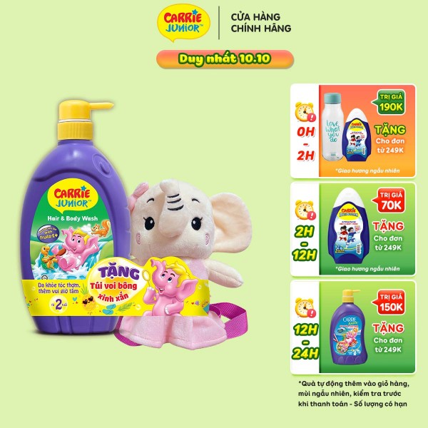 Sữa Tắm Gội cho bé Carrie Junior hương Grapeberry 700g + Túi Đeo Voi bông (màu ngẫu nhiên)