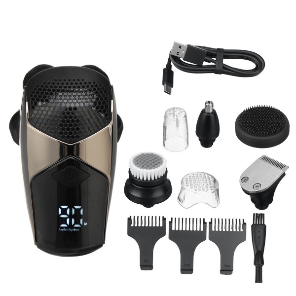 5 IN 1 6D Rotary Electric Shaver Rechargeable Bald Head Shaver IPX7 Waterproof LED Display